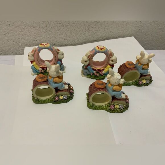 Set of 4 Easter Napkin Ring Holders Bunny Rabbit Sitting on Log Spring Resin G17 - Picture 1 of 8